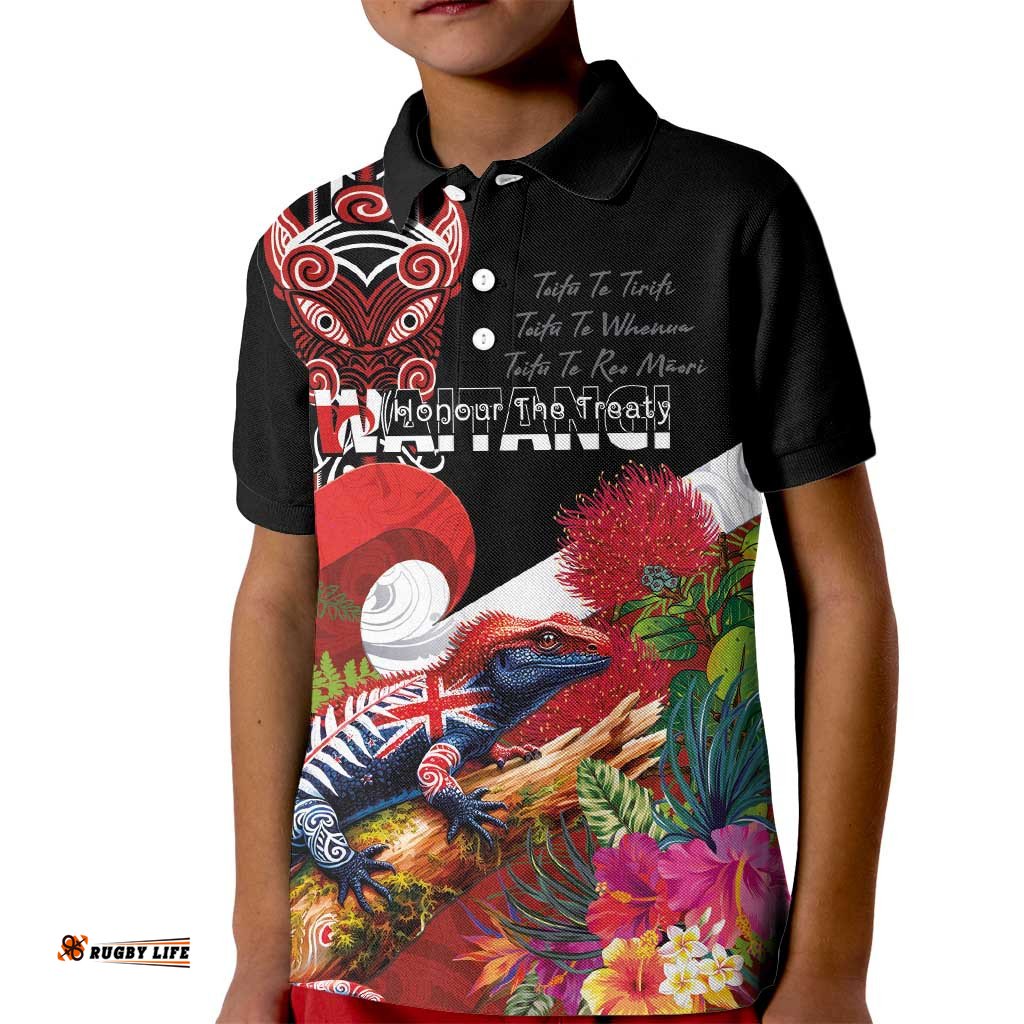 Aotearoa Toitu Te Tiriti Kid Polo Shirt Waitangi-Honour The Treaty NZ Tuatara and Plants LT03
