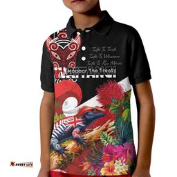 Aotearoa Toitu Te Tiriti Kid Polo Shirt Waitangi-Honour The Treaty NZ Tuatara and Plants LT03