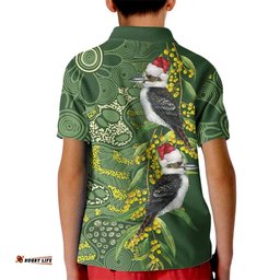 Aussie Kokaburra Golden Wattle Christmas Kid Polo Shirt Aboriginal Dots Painting Green Motif LT9