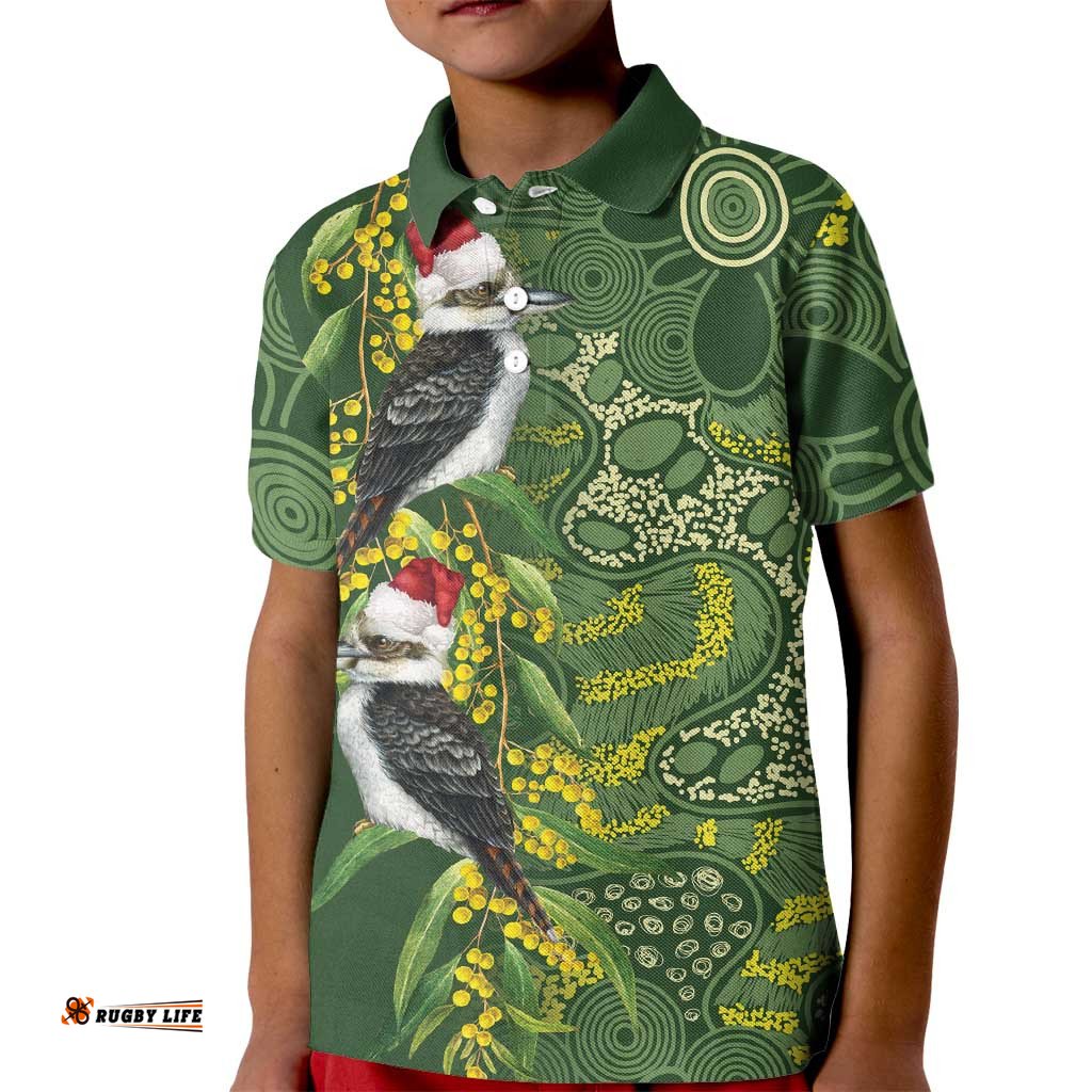 Aussie Kokaburra Golden Wattle Christmas Kid Polo Shirt Aboriginal Dots Painting Green Motif LT9