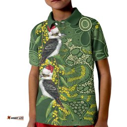 Aussie Kokaburra Golden Wattle Christmas Kid Polo Shirt Aboriginal Dots Painting Green Motif LT9