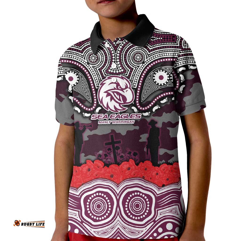 ANZAC Day Manly Warringah Sea Eagles Kid Polo Shirt Military Memorial Aboriginal Indigenous Art TS04