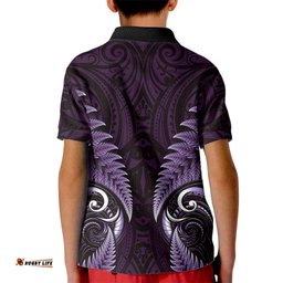 Aotearoa Pounamu Niho Kid Polo Shirt Silver Fern Mix Maori Pattern - Purple LT14