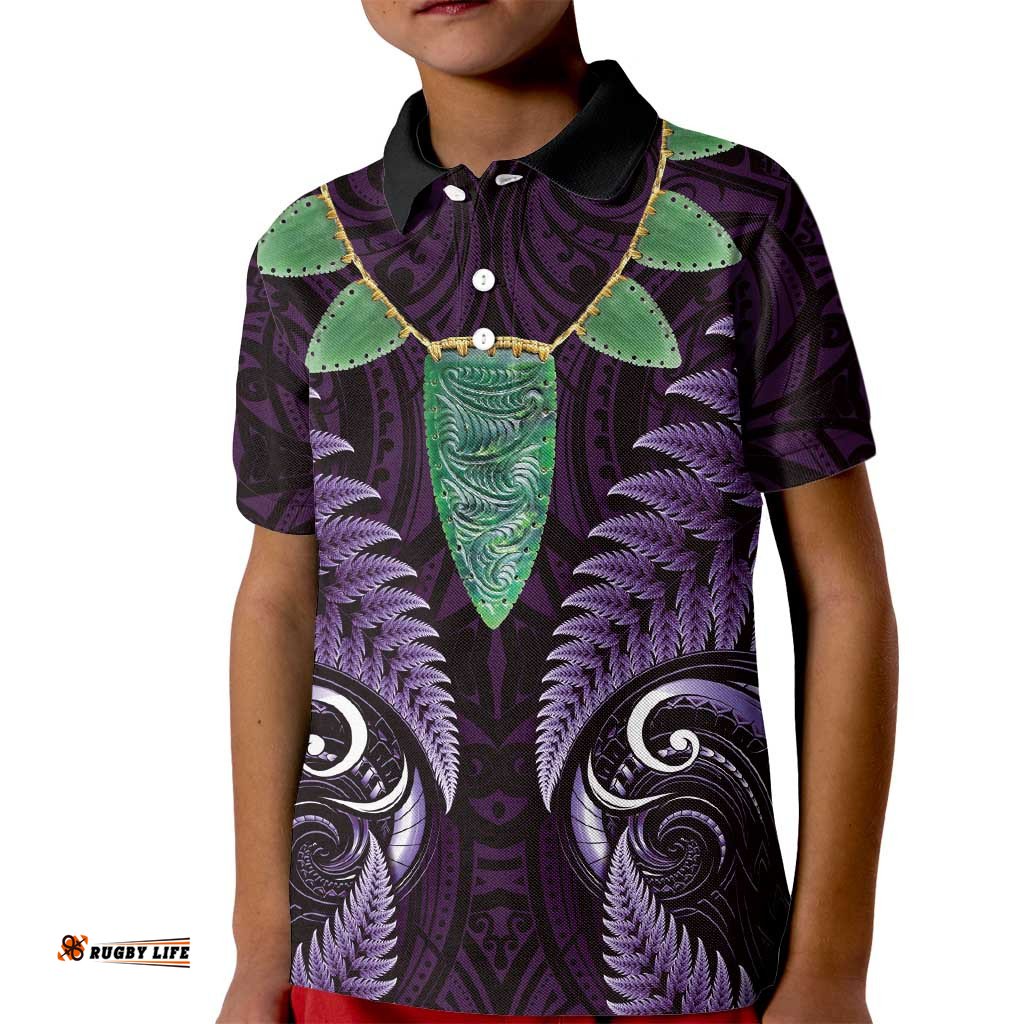 Aotearoa Pounamu Niho Kid Polo Shirt Silver Fern Mix Maori Pattern - Purple LT14