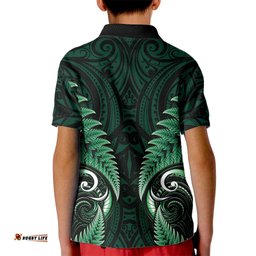 Aotearoa Pounamu Niho Kid Polo Shirt Silver Fern Mix Maori Pattern - Green LT14
