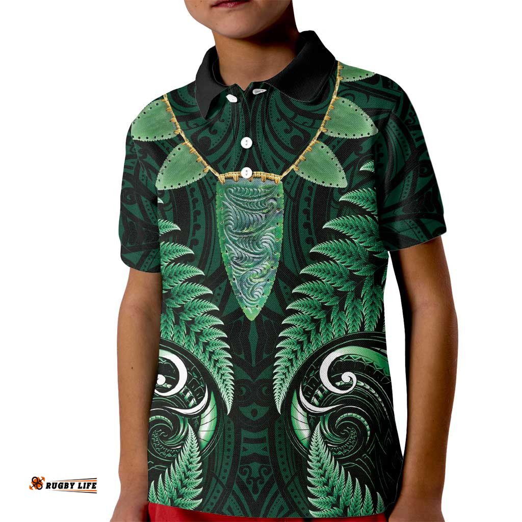 Aotearoa Pounamu Niho Kid Polo Shirt Silver Fern Mix Maori Pattern - Green LT14