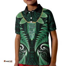Aotearoa Pounamu Niho Kid Polo Shirt Silver Fern Mix Maori Pattern - Green LT14