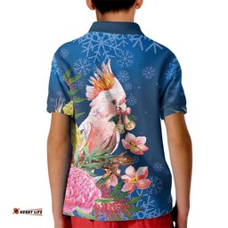 Australia Christmas Pink Cockatoo with Banksia Kid Polo Shirt Snowy Blue LT7