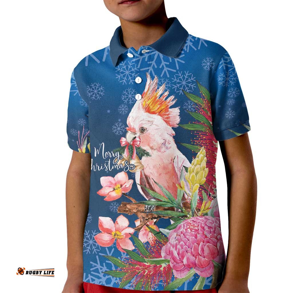 Australia Christmas Pink Cockatoo with Banksia Kid Polo Shirt Snowy Blue LT7