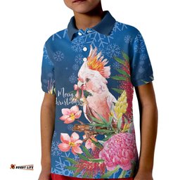 Australia Christmas Pink Cockatoo with Banksia Kid Polo Shirt Snowy Blue LT7