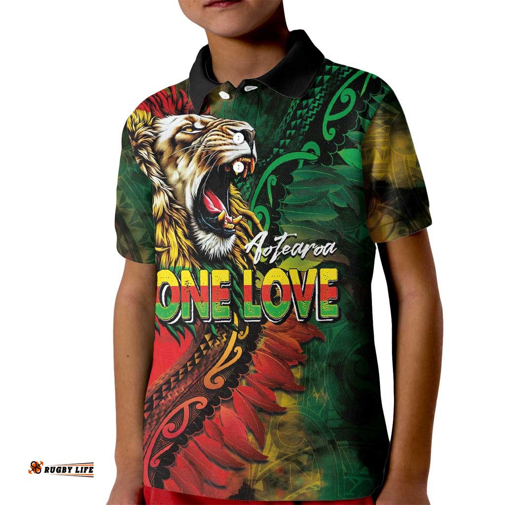 Aotearoa One Love Kid Polo Shirt Reggae Lion with Kakahu Huruhuru LT03