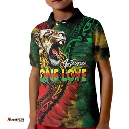 Aotearoa One Love Kid Polo Shirt Reggae Lion with Kakahu Huruhuru LT03