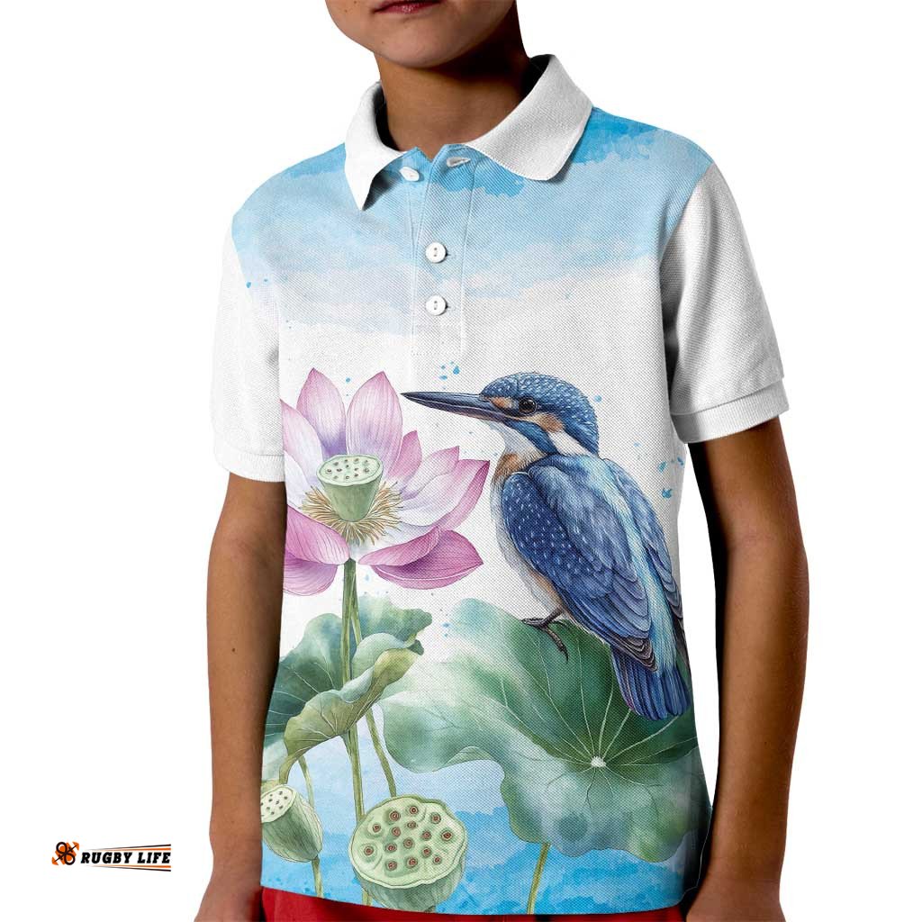 Australia Azure Kingfisher Kid Polo Shirt Ceyx Azureus Sacred Lotus Watercolor LT14