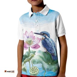 Australia Azure Kingfisher Kid Polo Shirt Ceyx Azureus Sacred Lotus Watercolor LT14