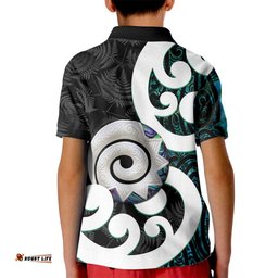 Aotearoa Koru Kid Polo Shirt Cyan Maori Paua Shell Mix Silver Fern LT14