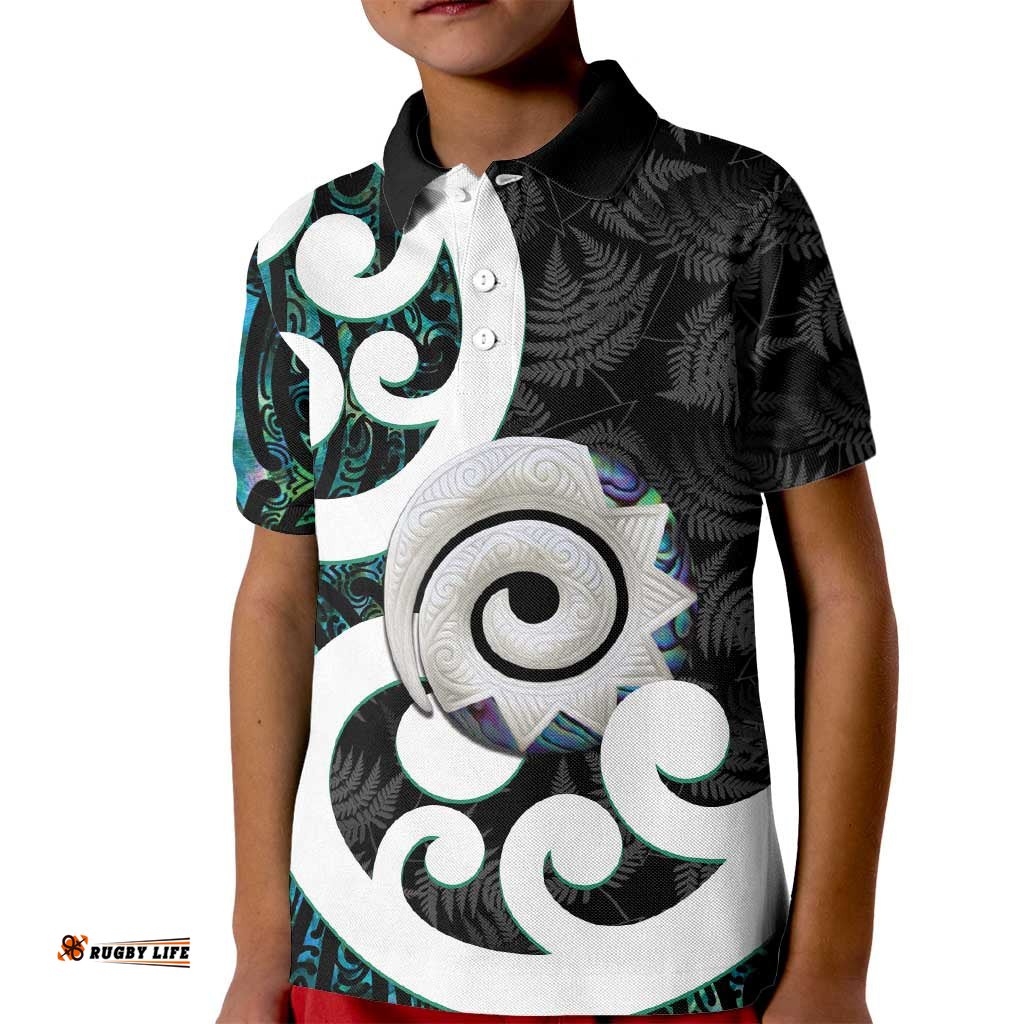 Aotearoa Koru Kid Polo Shirt Cyan Maori Paua Shell Mix Silver Fern LT14