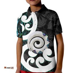 Aotearoa Koru Kid Polo Shirt Cyan Maori Paua Shell Mix Silver Fern LT14
