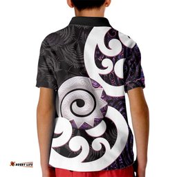 Aotearoa Koru Kid Polo Shirt Purple Maori Paua Shell Mix Silver Fern LT14