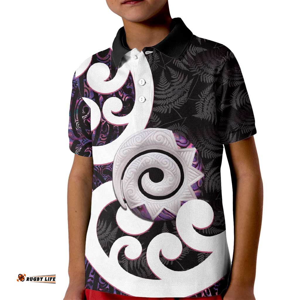 Aotearoa Koru Kid Polo Shirt Purple Maori Paua Shell Mix Silver Fern LT14