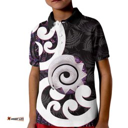 Aotearoa Koru Kid Polo Shirt Purple Maori Paua Shell Mix Silver Fern LT14