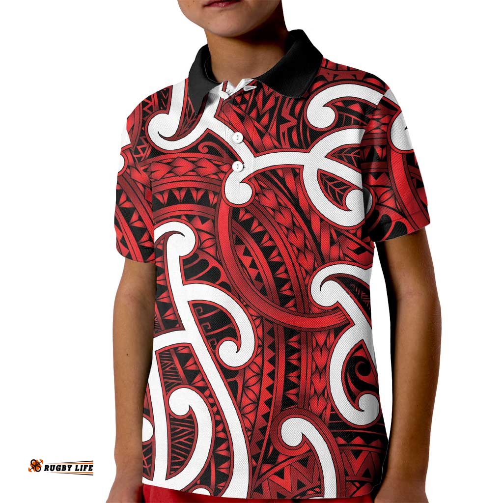 Aotearoa Maori Kowhaiwhai Kid Polo Shirt Whero Puhoro and Patiki LT9