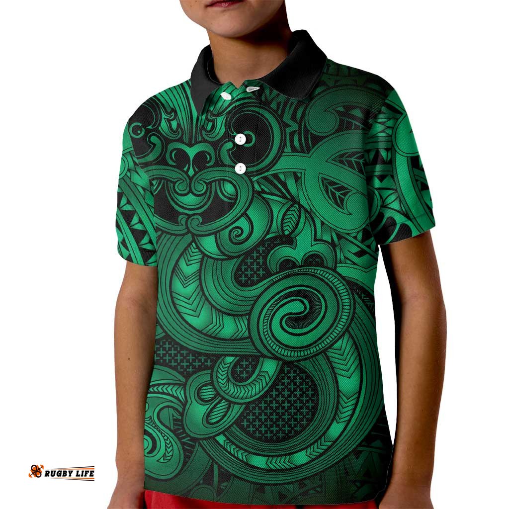 Aotearoa Maori Hei Tiki Kid Polo Shirt Kakariki Kowhaiwhai Puhoro Motif LT9