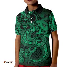 Aotearoa Maori Hei Tiki Kid Polo Shirt Kakariki Kowhaiwhai Puhoro Motif LT9