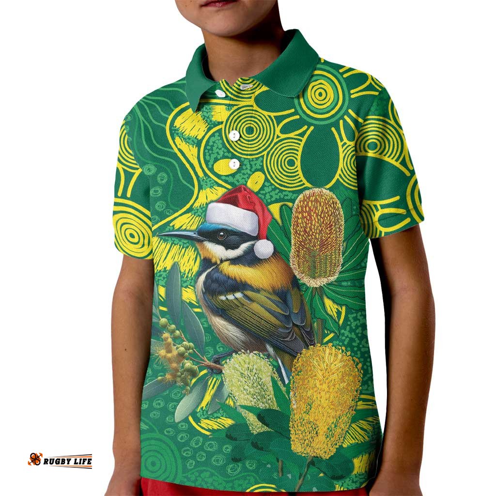 Aussie Honeyeaters Banksia Christmas Kid Polo Shirt Aboriginal Dots Painting Green Motif LT9