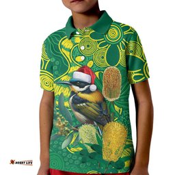 Aussie Honeyeaters Banksia Christmas Kid Polo Shirt Aboriginal Dots Painting Green Motif LT9