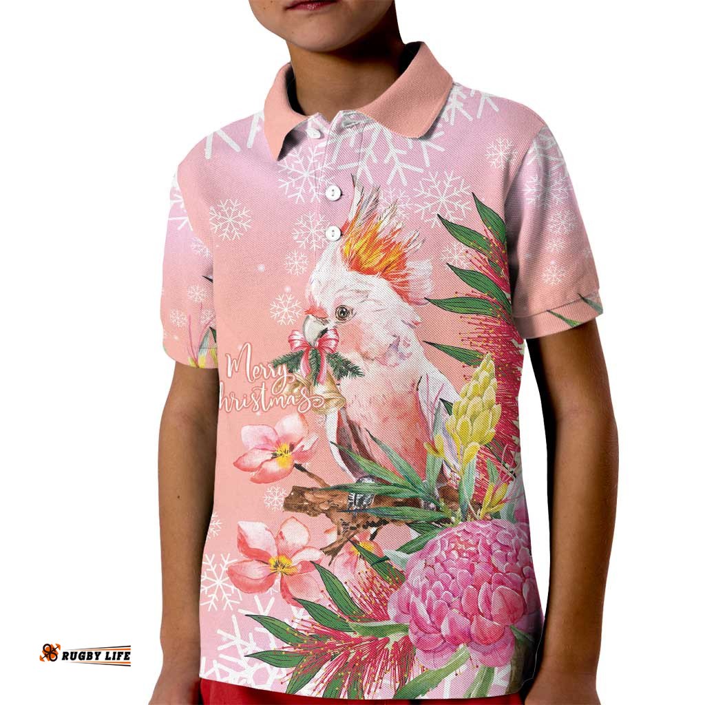 Australia Christmas Pink Cockatoo with Banksia Kid Polo Shirt Coral Pink LT7