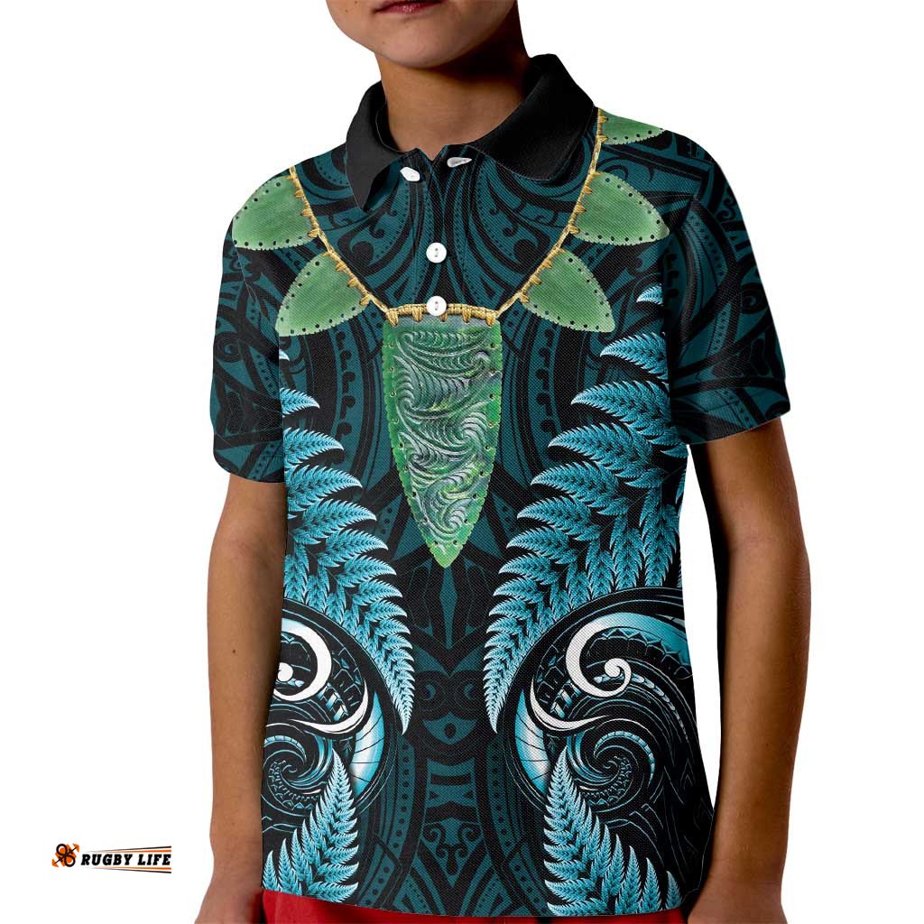 Aotearoa Pounamu Niho Kid Polo Shirt Silver Fern Mix Maori Pattern - Turquoise LT14