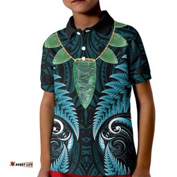 Aotearoa Pounamu Niho Kid Polo Shirt Silver Fern Mix Maori Pattern - Turquoise LT14