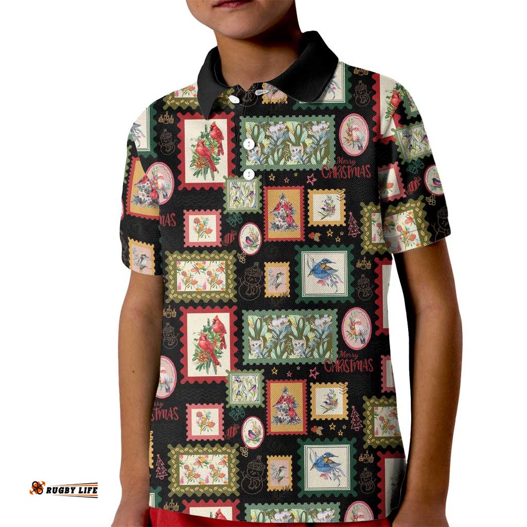Aussie Birds Christmas La La Land Kid Polo Shirt Black Vintage Stamp Edition LT9