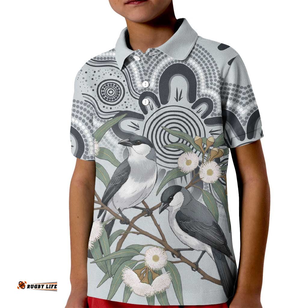 Australia Grey Butcherbird Kid Polo Shirt Eucalyptus Alba Indigenous Art LT14