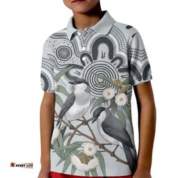Australia Grey Butcherbird Kid Polo Shirt Eucalyptus Alba Indigenous Art LT14