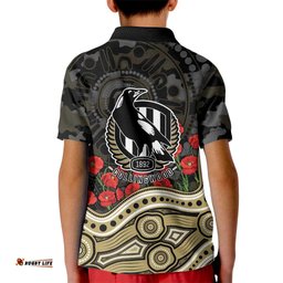 Collingwood Magpies ANZAC Day Kid Polo Shirt Indigenous Dot Art with Poppy Flower Tribute TS04