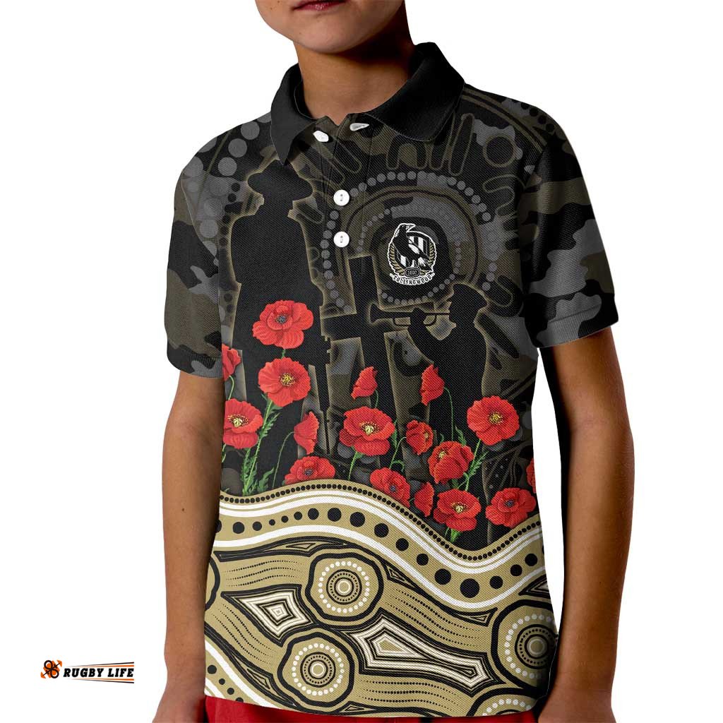 Collingwood Magpies ANZAC Day Kid Polo Shirt Indigenous Dot Art with Poppy Flower Tribute TS04