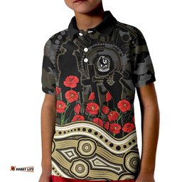 Collingwood Magpies ANZAC Day Kid Polo Shirt Indigenous Dot Art with Poppy Flower Tribute TS04