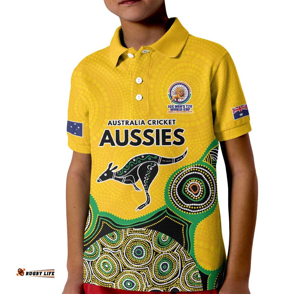 Custom Australia Cricket Spirit 2026 Kid Polo Shirt World T20 Edition - Gold Aboriginal LT9