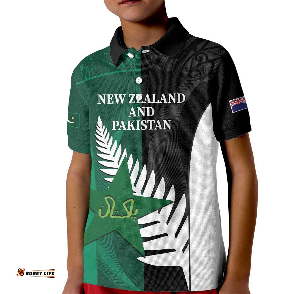 Custom New Zealand And Pakistan Cricket Kid Polo Shirt 2025 Black Cap Shaheens Together LT14