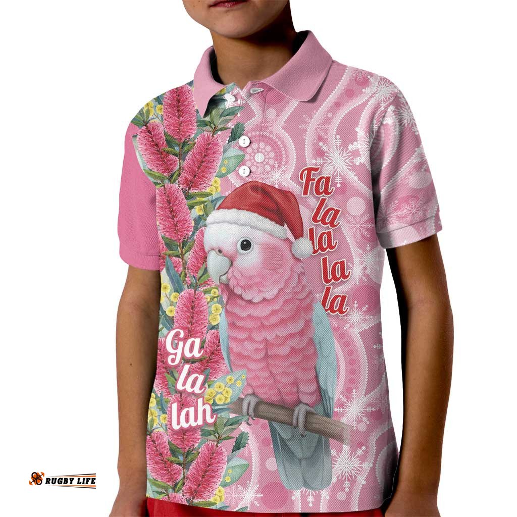 Australia Pink Galah Christmas Kid Polo Shirt Falalalala Galalah Bottlebrush Aboriginal Art LT14