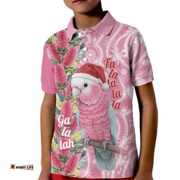 Australia Pink Galah Christmas Kid Polo Shirt Falalalala Galalah Bottlebrush Aboriginal Art LT14
