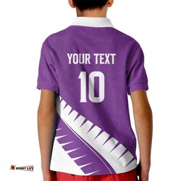 Custom New Zealand Cricket Kid Polo Shirt Kiwi Birds Haka Dance Purple Fern Sporty Style LT03