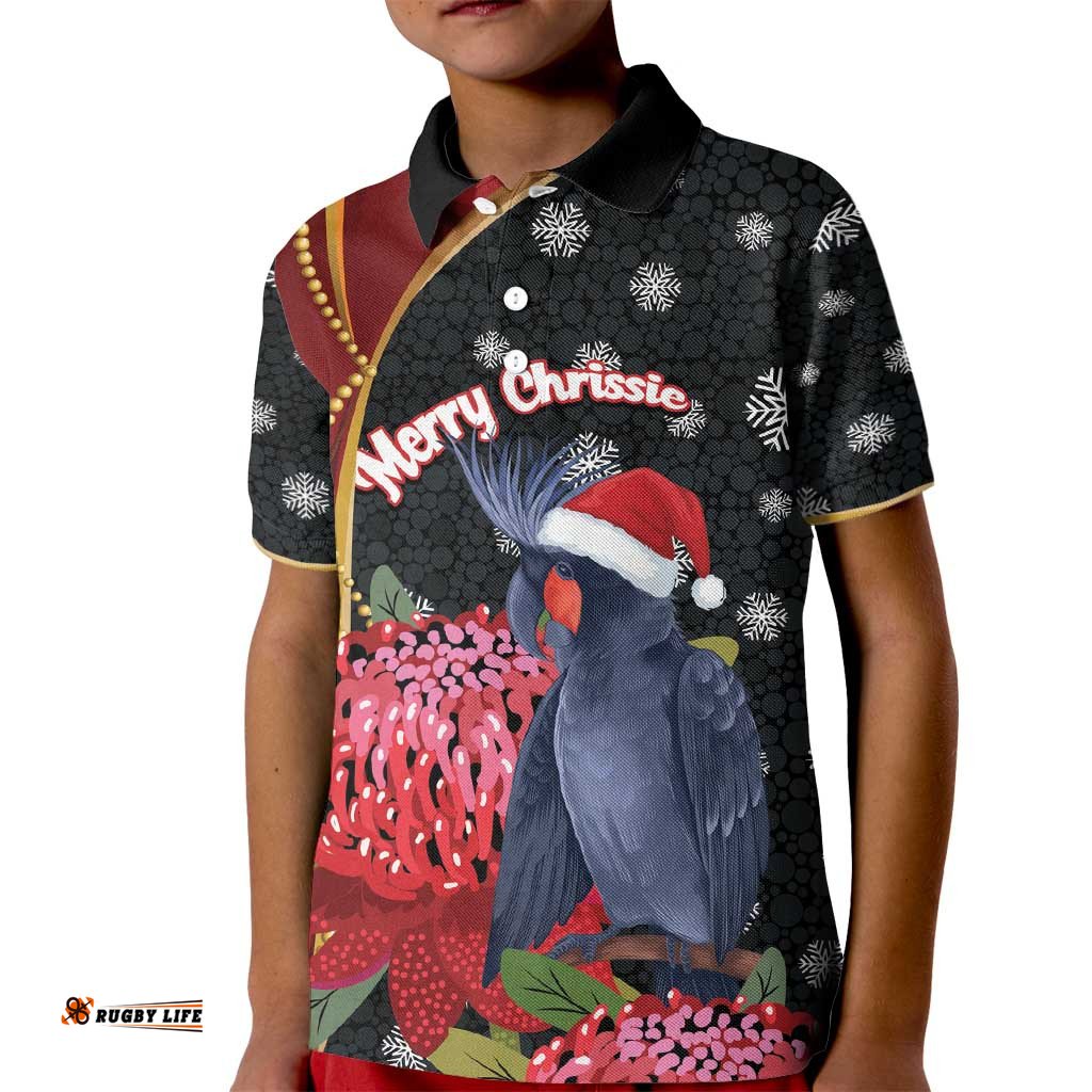 Australia Palm Cockatoo Christmas Kid Polo Shirt Probosciger Aterrimus Waratah Merry Chrissie LT14