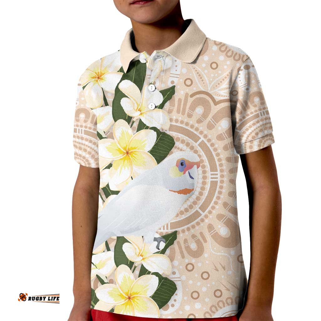 Australia Long-billed Corella Kid Polo Shirt Cacatua Tenuirostris Plumeria Aboriginal Art LT14