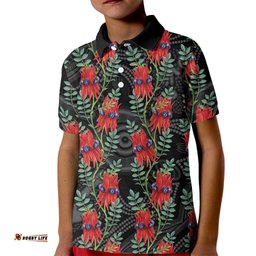 Australia Sturt's Desert Pea Kid Polo Shirt Aussie Native Flowers Indigenous Art LT14