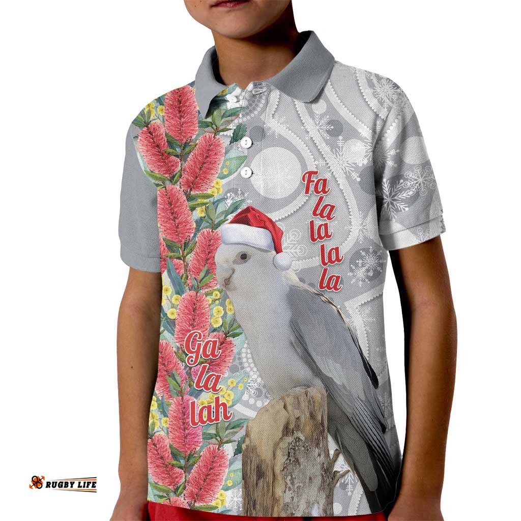 Blue Galah Mutation Christmas Australia Kid Polo Shirt Falalalala Galalah Bottlebrush Grey Aboriginal Art LT14
