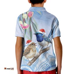 Australia Superb Fairywren Christmas Kid Polo Shirt Aboriginal Eucalyptus Blossoms Watercolor LT14