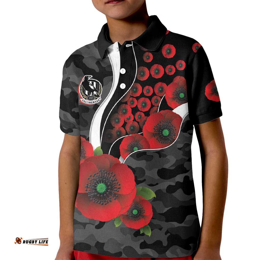 Collingwood Magpies ANZAC Personalised Kid Polo Shirt Lest We Forget Poppy Camo LT9