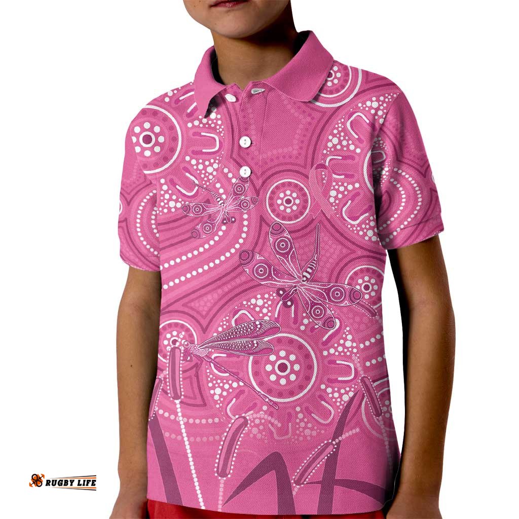 Australia Indigenous Pink Month Kid Polo Shirt Breast Cancer Aboriginal Dragonflies Ribbon LT14